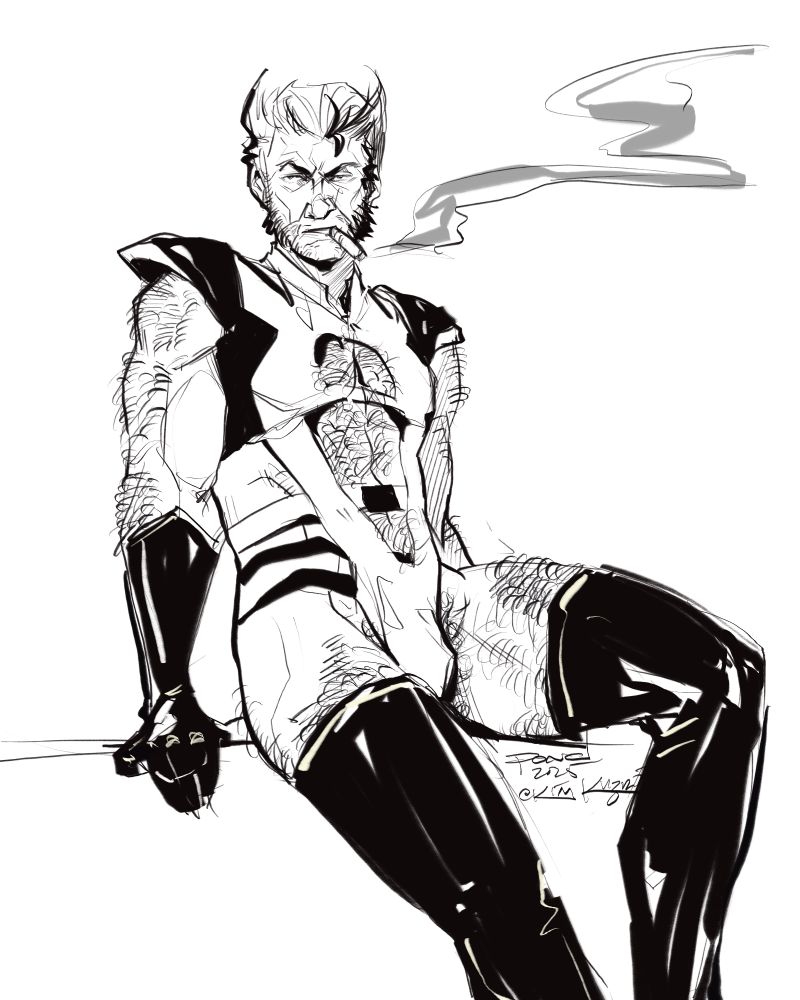 Lineart for wolverine in the slutty halloween costume version of his outfit.