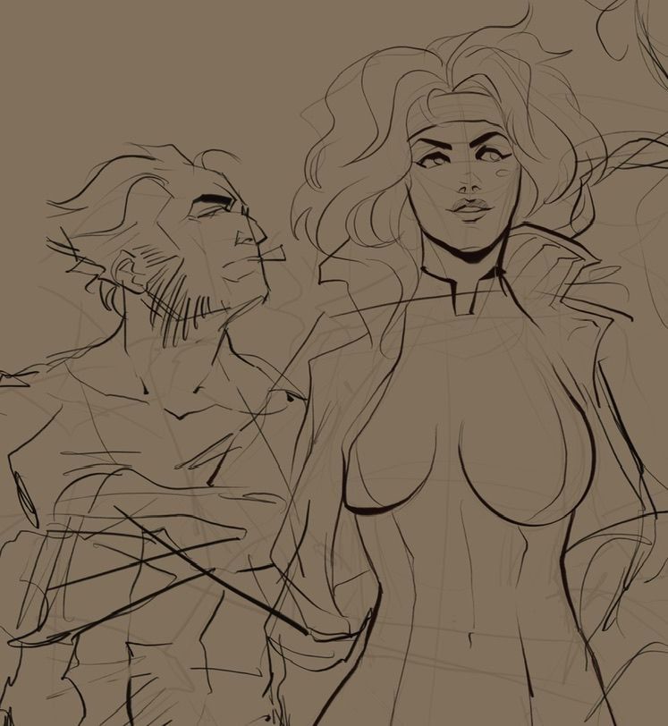 Rough wip of fanart of Logan with his arms crossed behind Rogue.