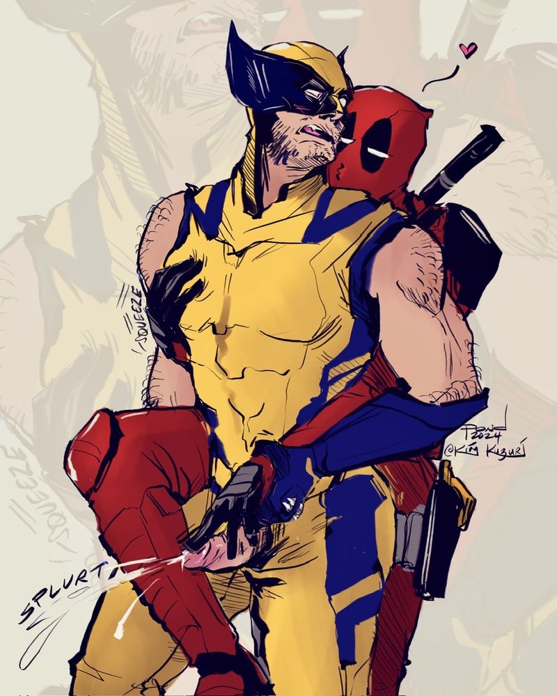 nsfw fanart of Deadpool cuddling up against Logan's back with one leg hooked around him. He's squeezing Logan's chest through his suit and his fingers are stroking the head of Logan's dick as come splurts out.