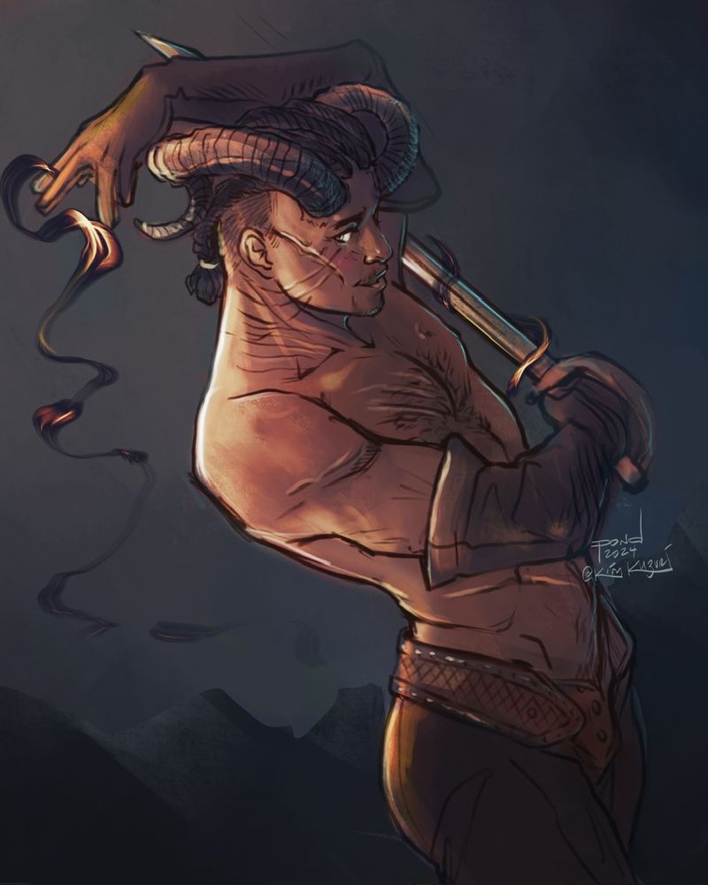 Fanart of horned Wyll from Baldur's Gate 3. He's shirtless with long leather gloves and holding his sword in a pose that's reminiscent of dancing. The arm curling overhead has black firey smoke curling away from his fingertips.
