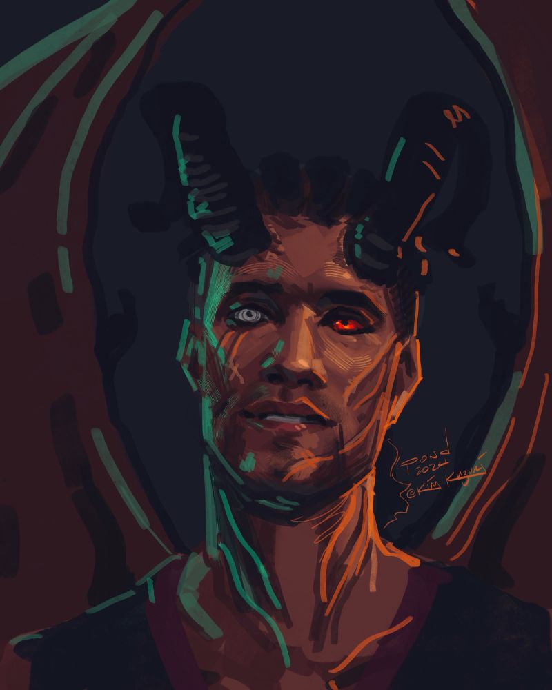 Paint sketch portrait of Wyll in his devil form with green and orange highlights and the indication of wings framing his head.