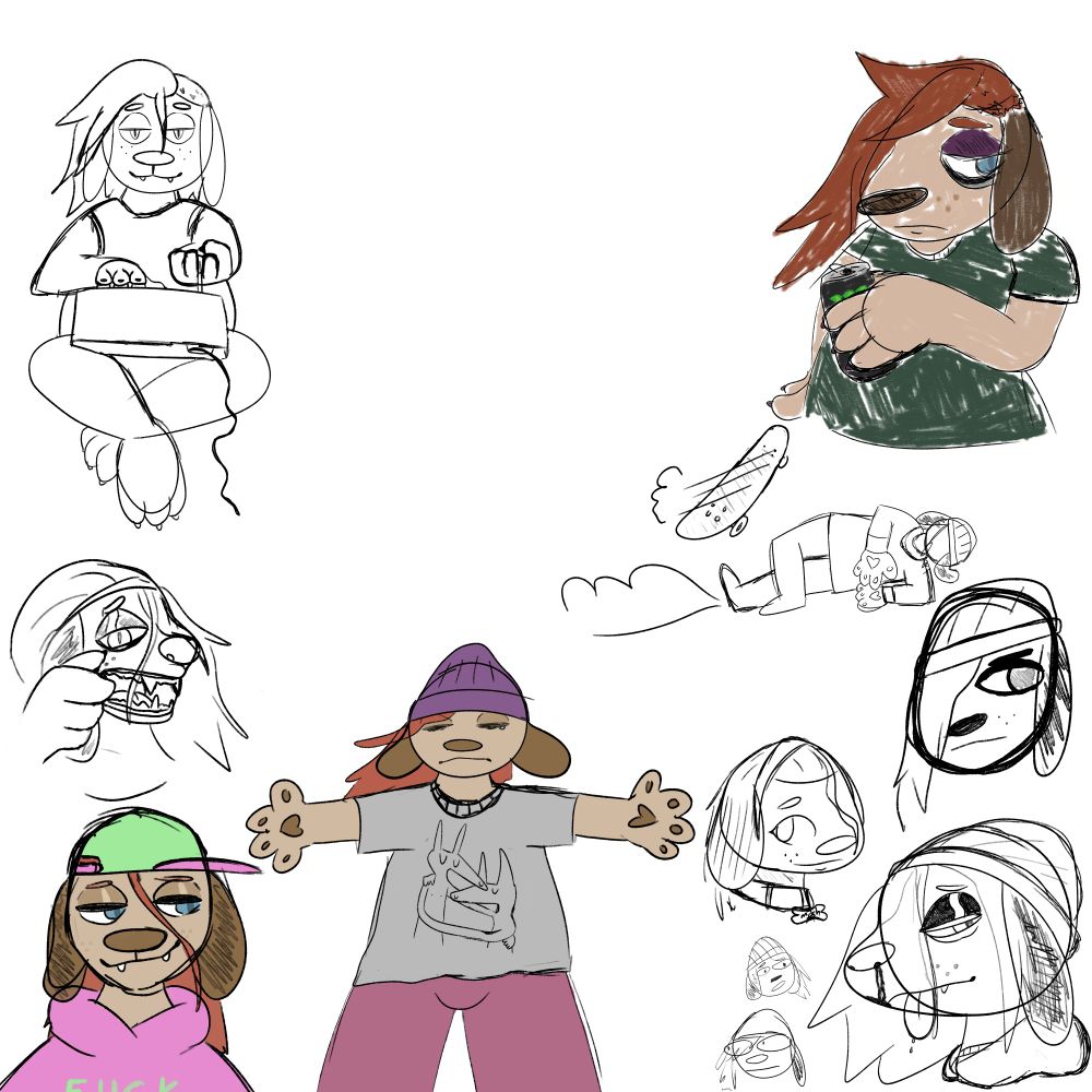 Various depictions of a silly dog with red hair and long floppy ears doing their daily experience 