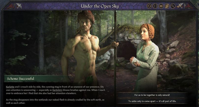 An event for Crusader Kings 3, hilariously depicting a successful seduce scheme - with my muscular ruler posing naked, holding a spear and with his hat still on, next to his adoring (and clothed) lover.