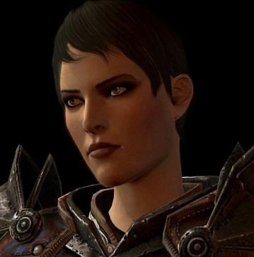 A head and shoulders shot of Cassandra, in heavy armor, as she first appeared in DA2. I almost forgot she looked like this back then.