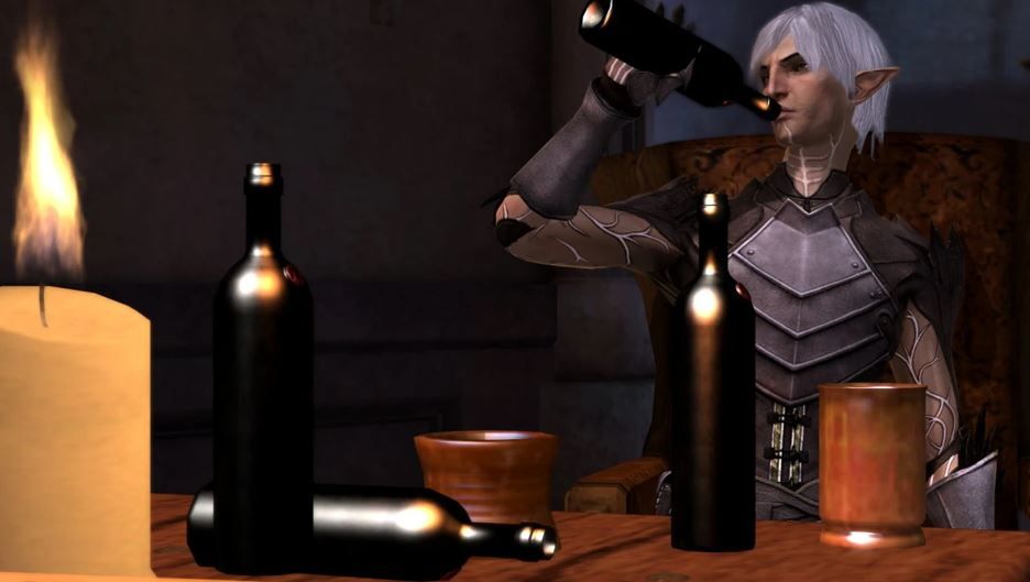 A screenshot from one of the DA2 conversation scenes with Fenris, in the mansion he occupies during the game. He did a lot of drinking. I got accused, at one point, of glorifying alcoholism? I mean... I don't know if Fenris was an alcoholic, but if he was the bitterness of these scenes certainly doesn't feel like glorification to me.