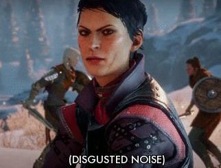 A still from a DAI cutscene which includes Cassandra and the now-infamous "[DISGUSTED NOISE]" subtitle. Honestly, I just had in my head a sort of... short, derisive snort? But I didn't want to SAY "snort" in the subtitles because the LAST time I did that the voice actor literally snorted. As in snorted like a pig! Miranda read this line the first time and started laughing, she didn't know what to make of it, and laughed more when I tried to describe it. The result is now infamous.
