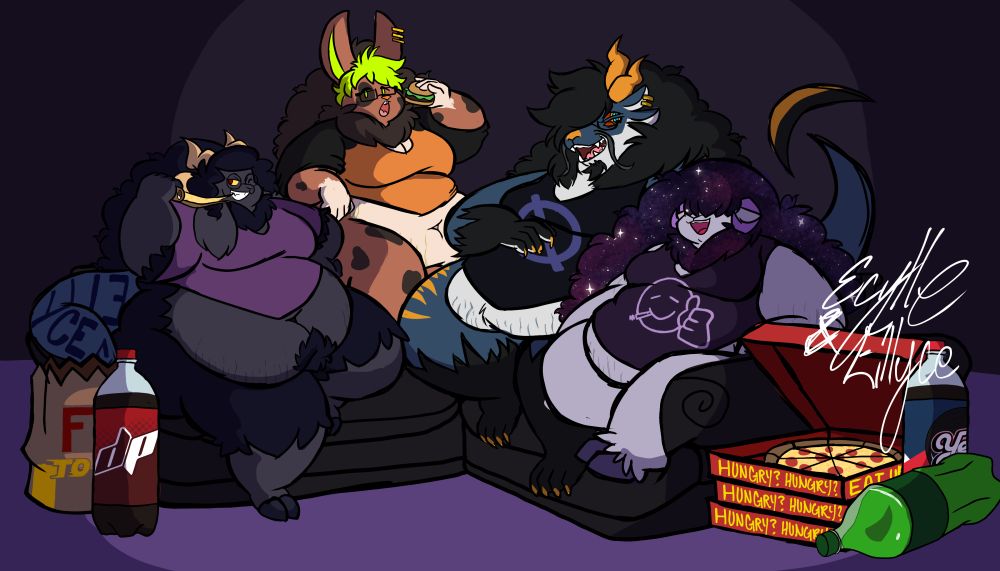 From Left to Right: A goat, a bunny, a dragon, and a sheep all sit around on a L shaped couch, They're surrounded by burgers, pizzas, and sodas. The goat is eating a pizza and the bunny is eating a burger, while the sheep and dragon are chatting.