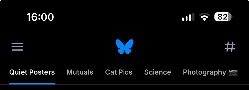 A list of my feeds, reading from left to right. Quiet Posters, Mutuals, Cat Pics, Science, Photography
