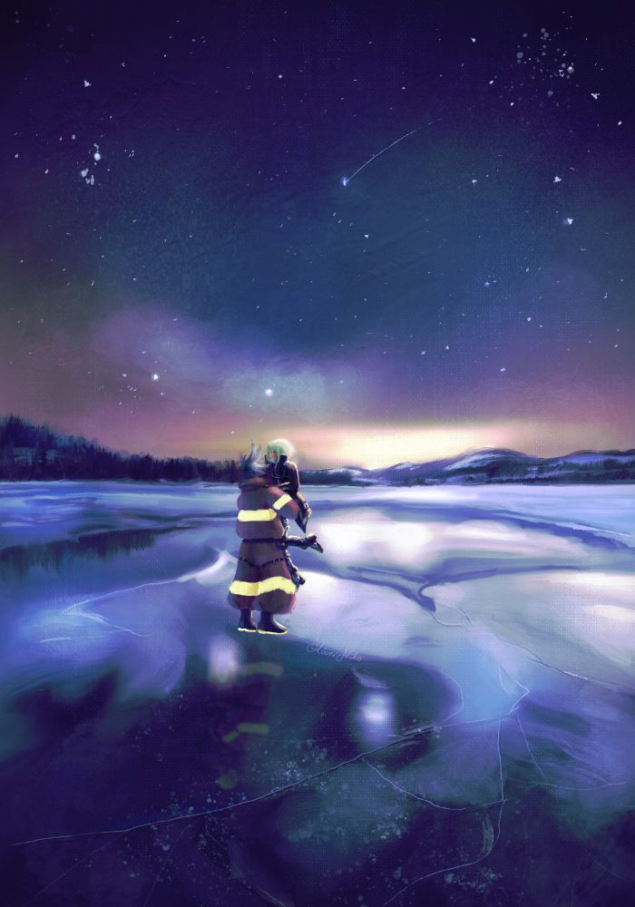 A vertical landscape piece of a starry night sky with a blast of light at the bottom, overlooking some snowy hills, trees and a frozen lake that reflects the colours of the sky: blues, greens, yellows and pinks/purples. Galo is a man with spiky blue hair wearing red fireman attire with fluorescent yellow stripes. He holds onto Lio, a smaller man with leather attire and buckles, with a green bob haircut. They're hit with a golden rimlight. 