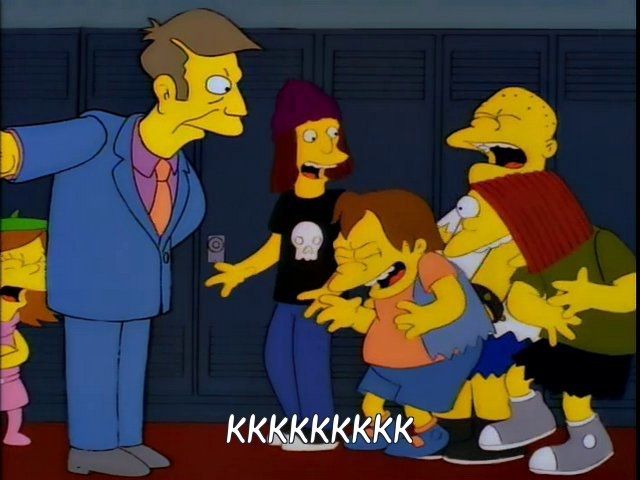 A mesma cena, mas o Jimbo, o Nelson, o Kearney e o Dolph estão morrendo de rir do Skinner