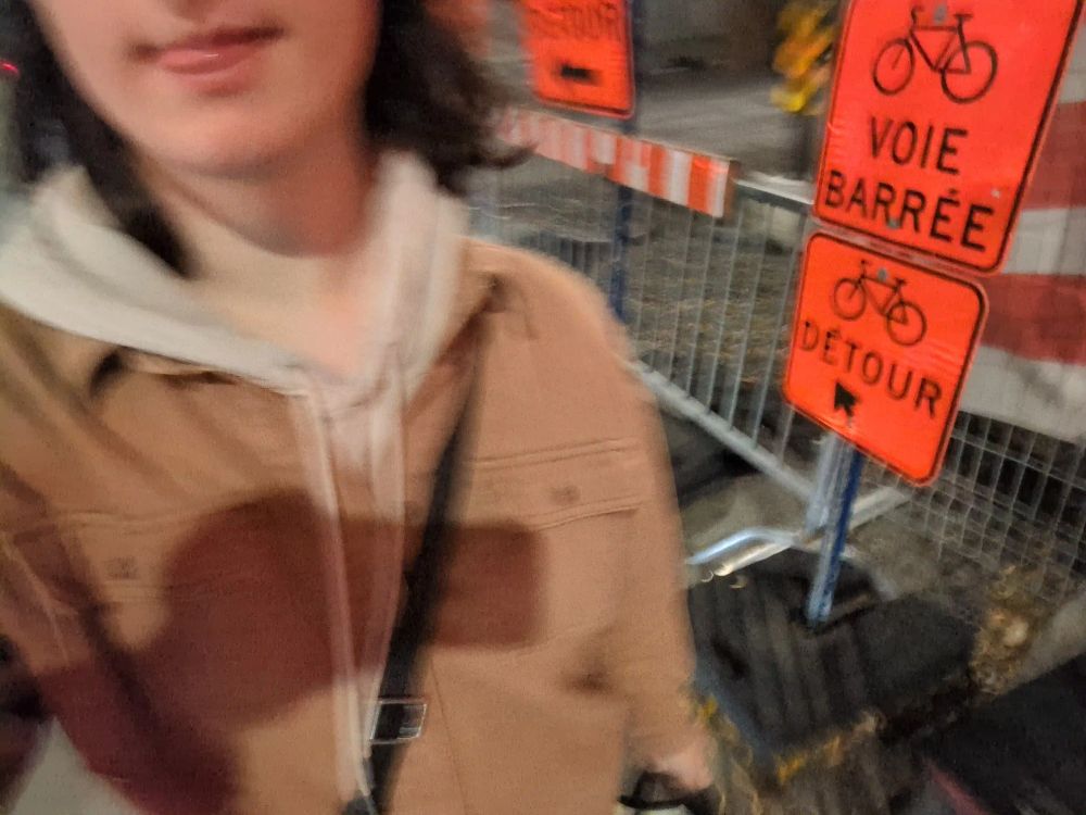 cropped blurry selfie taken while walking by a sign that says "voie barrée détour" with a bicycle icon