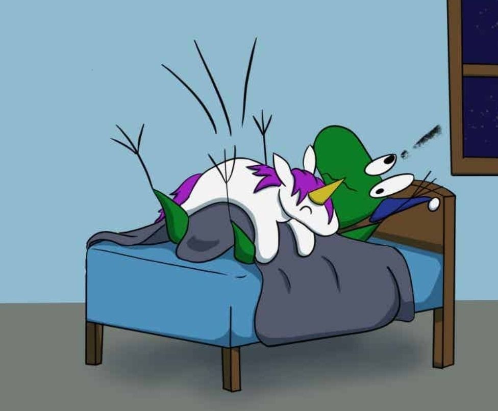 Lynetteicorn squishy attack! The unsuspecting sleeping Beccasaurus is squished in bed while trying to sleep. What a good bestest friend 