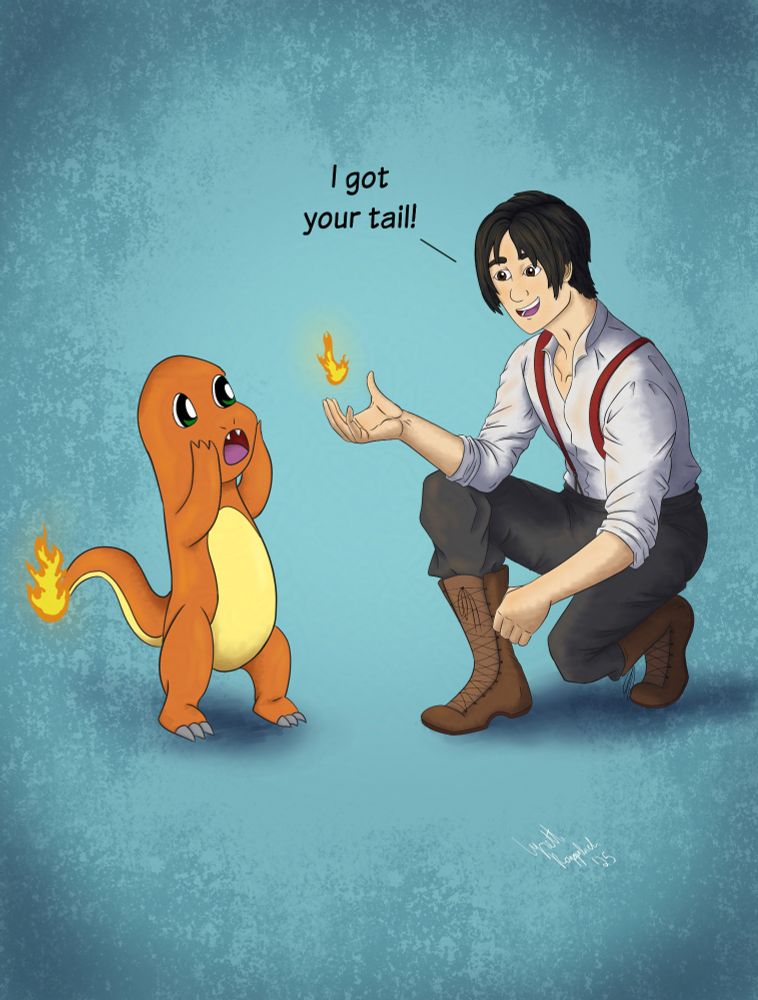 Daniel floating a flame above his hand with his fire magic while kneeling in front of a surprised Charmander. Daniel says "I got your tail!"