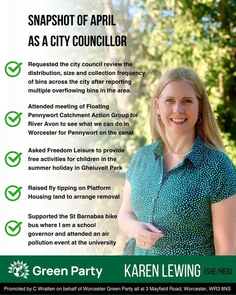 Green Party city councillor Karen Lewing - monthly update for April of some of the actions taken 