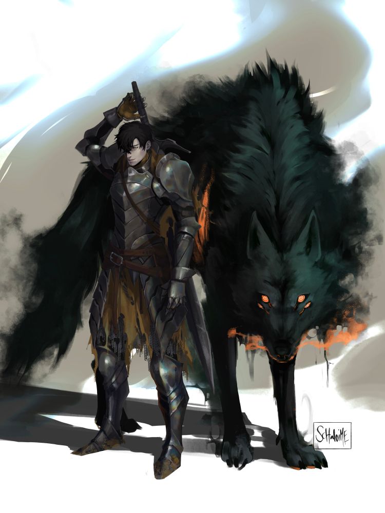 Painting of my Oathbreaker Paladin Béchir and his steed Lyall. Béchir is standing in full armor, one arm raised to grab the sword on his back. He looks over his shoulder to look at a giant black direwolf with four red glowing eyes.