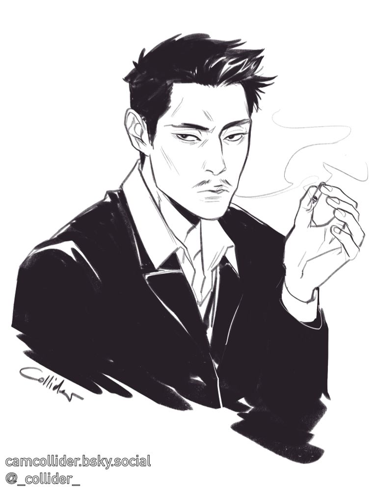 Sketch of Shiu smoking a cigarette