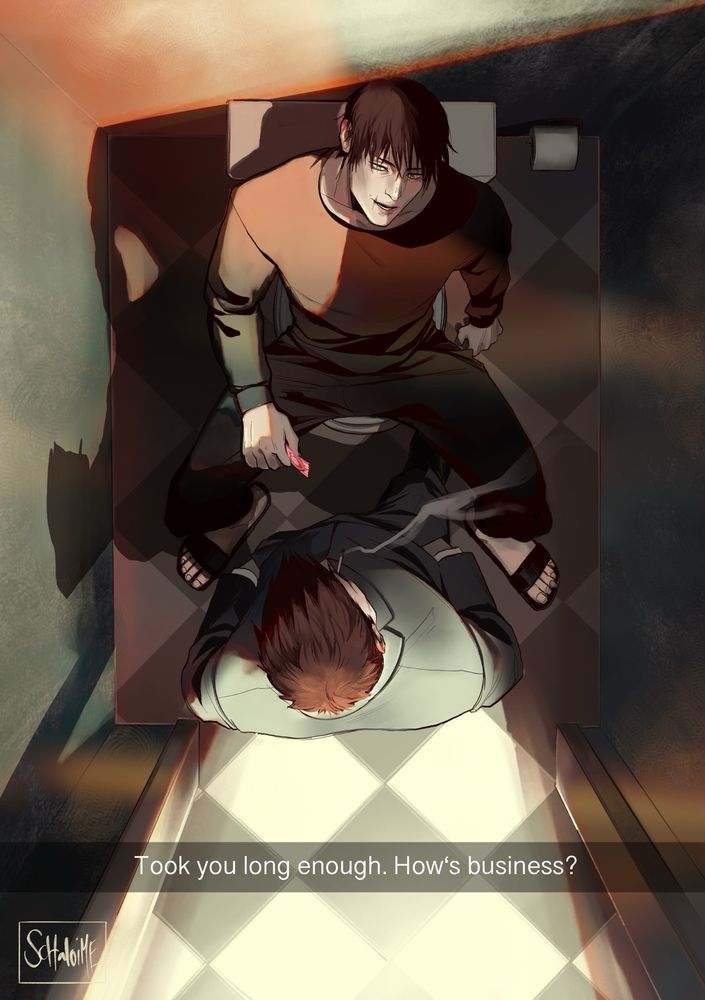 A toilet cabin from above, Toji is sitting on top of a closed lid, casually spread legs and holding a condom in his hand while looking at Shiu, who just walked into this mess. The caption says: ,took you long enough. How’s business?‘