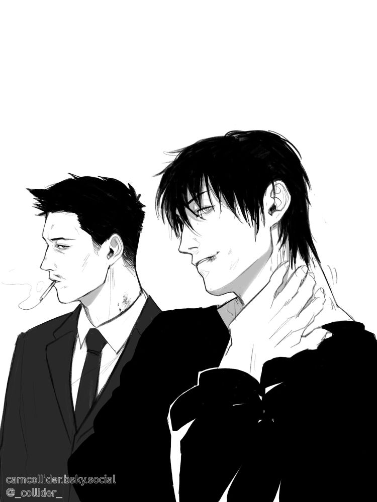 A black and white sketch of Toji and Shiu, Toji is in the foreground, grinning with some blood on his lip. Shiu is smoking and side-eying Toji, he’s got hickeys on his neck, disappearing under his suit.