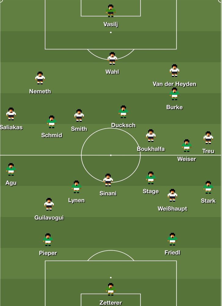 Werder im 424 gegen St. Pauli:
Zetterer; Agu-Pieper-Friedl-Stark; Lynen-Stage; Schmid-Ducksch-Burke-Weiser
