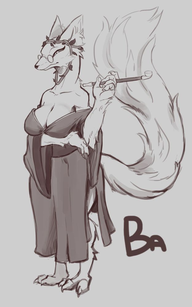 A full-body sketch of Shemeshka the Marauder, an Arcanaloth from (I believe) the Forgotten Realms setting. They are a tall anthropomorphic fox. They are wearing a "crown" of vines on their head, and glasses on their long snout. A loosely tied robe exposes much of their chest. They are smoking a long straight pipe and have a very long, exaggerated tail.

Don't worry about the signature. It's a handle I use with less appropriate art.