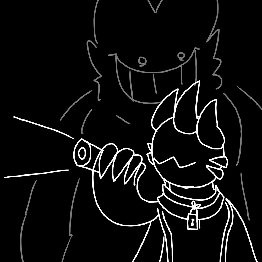 Naxyr (on a high rank demon costume or something) pointing a flashlight at nowhere while a big-ass Gengar looms right behind him