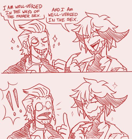 Two panel comic. Hildibrand states confidently "I am well versed in the ways of the fairer sex." with a smile and sparkling flourish. Opposite him is a male xaela who smugly replies "and I am well-versed in The Sex."

The bottom panel is Hildibrand with a distorted, over exaggerated shocked expression in response to the xaela, who seems proud and is now surrounded with the sparkling flourish.