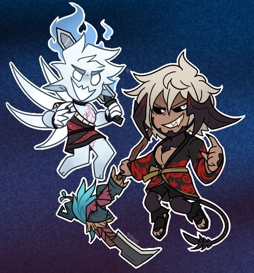the same character, Hex, in two alternative game universes: minecraft and FFXIV. For minecraft, he's a vex, in FFXIV, he's a xaela.