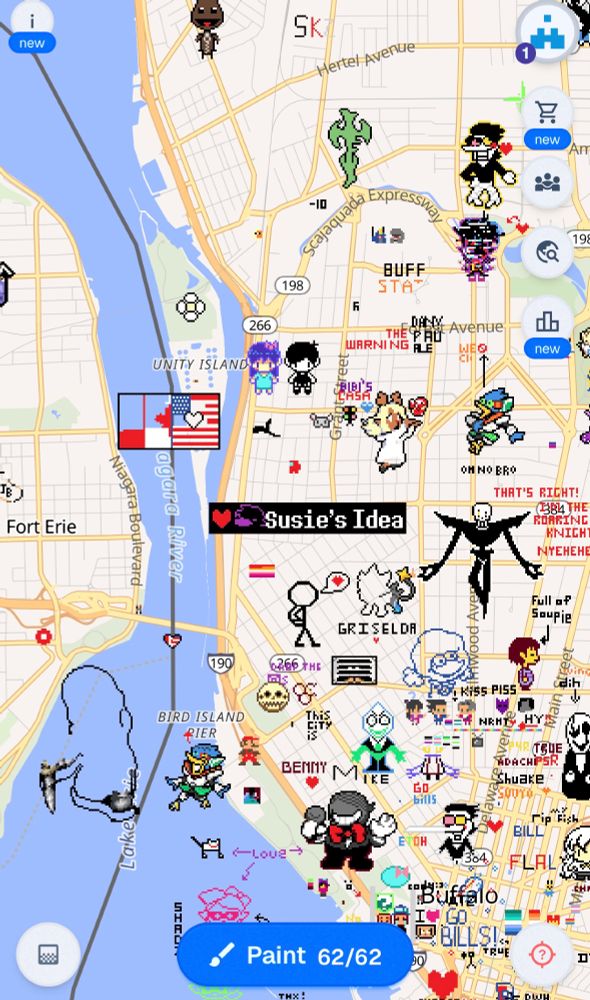 Buffalo NY and the peace bridge next to Canada and fort Erie with various pixel art 