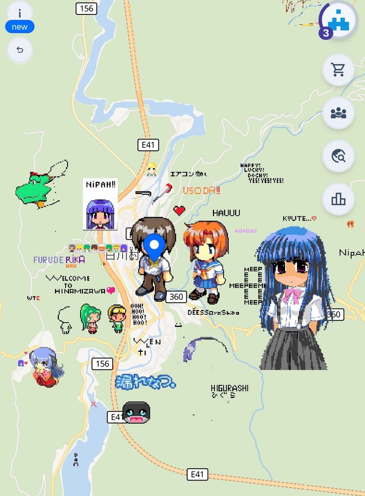 Higurashi characters in Shirakawa-go which is the real life version of the fictional town of Hinamizawa where the game/show takes place