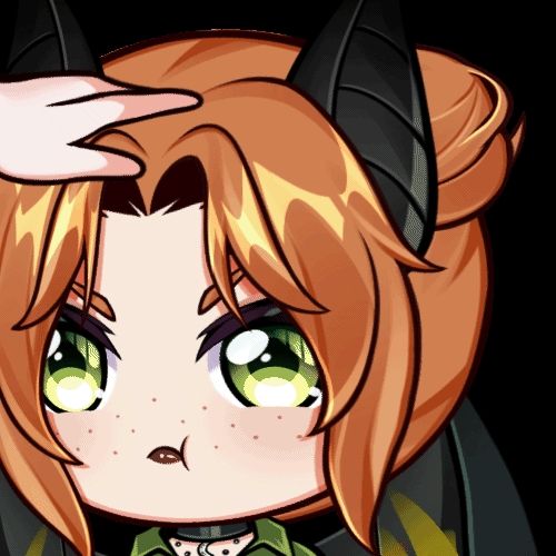 A gif of Mori (red hair, green eyes, bat ears, bat wings with leaves in them, pale skin, and freckles, has a choker, a watermelon slice necklace, and wears a green top) pouting while having her head petted