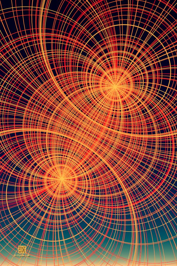 Randomly-chosen "longitude" and "latitude" circles in a red-gold palette filling the sky against a twilight gradient from light gold to deep blue.