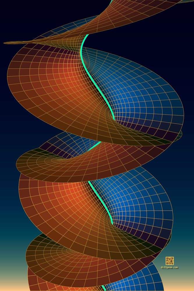 A blue-and-gold periodic surface against a beige-blue gradient background. Two intertwining helicoid-like halves meet in the middle along the real sine graph as a bright green curve. Mathematically, the surface comprises an infinite sequence of sheets, each a branch of arcsine on the complex plane with two slits. Each sheet is cross-attached to its downward neighbor along the one slit and cross-attached to its upward neighbor along the other slit.