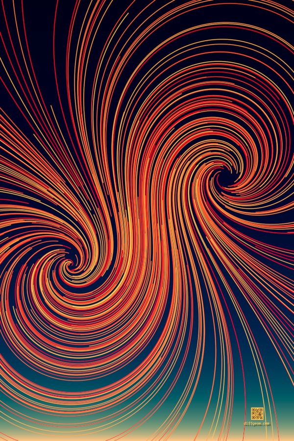 A family of randomly-chosen double spirals in a red-gold palette against a twilight gradient from light gold to deep blue, suggesting cirrus clouds at sunset.