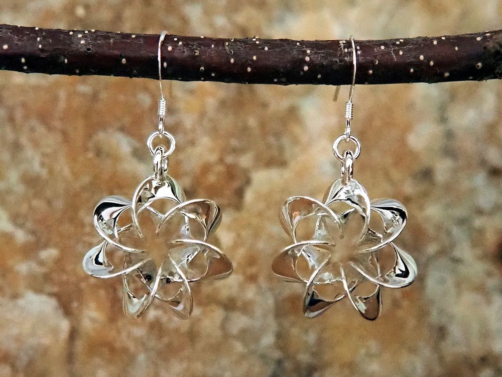 Photograph of flower-like mirror-polished sterling silver earrings, about 0.8in/20mm across, torus knots with seven-fold rotational symmetry. 