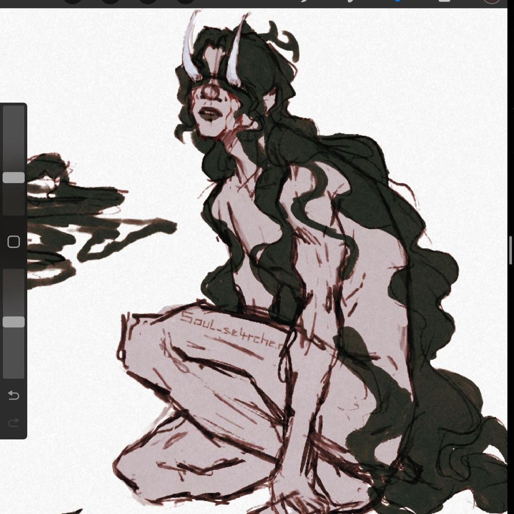 Coloured sketch of original character - Ryo, crouched. His expression is neutral and metal horns are poking out from his eyes which are covered by flowy, green hair. He is bare and his skin is pale and dull. Only his long hair is covering him. The background is plain white.