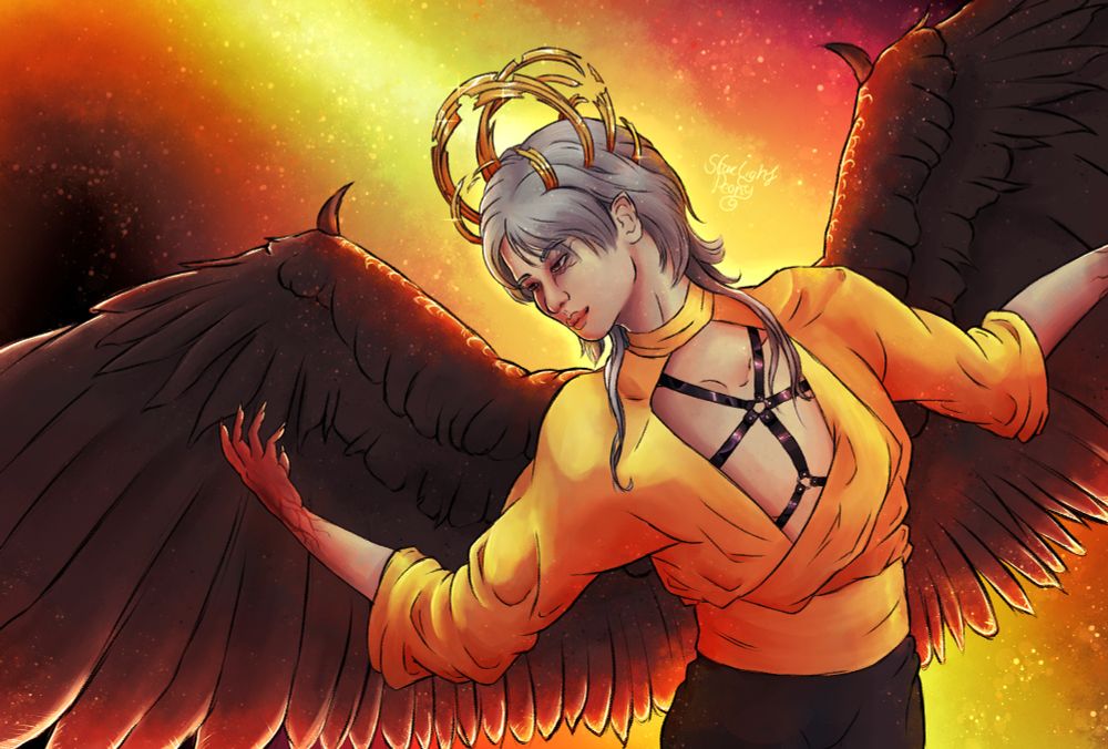 Fanart of SHINee Taemin as a fallen angel. With feathered wings that are coloured black. On top of his head are golden horns that look like broken circles. He is wearing an orange top that is open in the front, revealing a leather harness. 