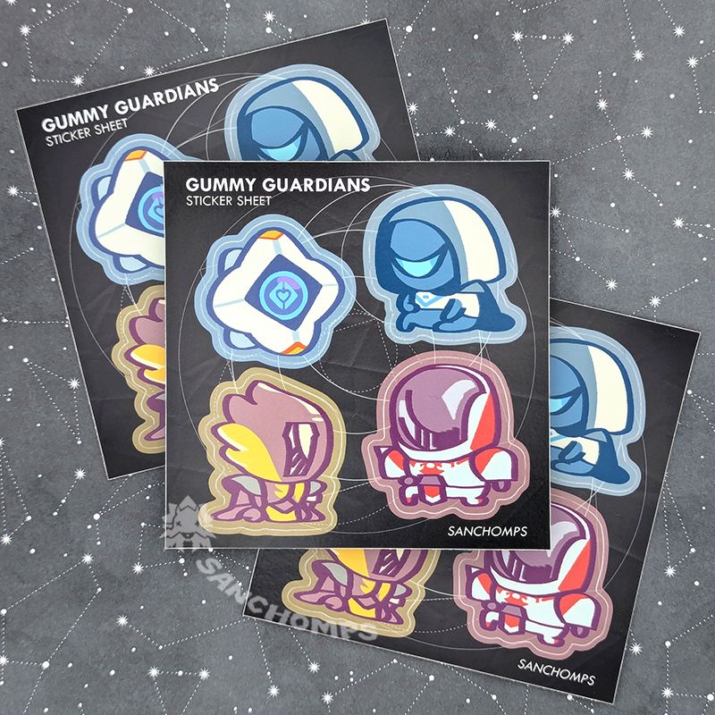 Sticker sheet of Destiny 2 characters. They're stylized chibis of a Ghost, Hunter, Warlock, and Titan.
