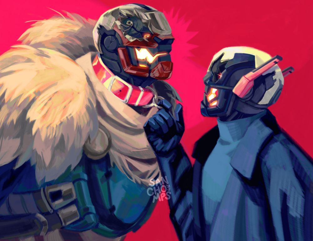 Digital illustration of two Exos against a red background. Sissel is pulling Audax down towards him by the O ring on a red collar.