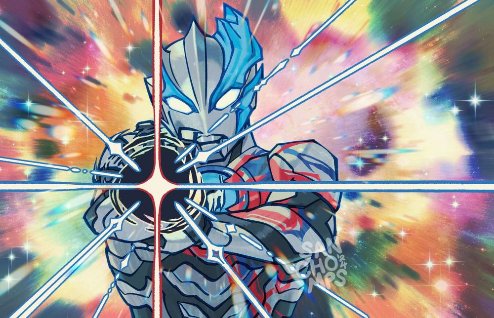Digital illustration of Ultraman Blazar with his hand spread out and forward, summoning a black hole from his palm. Rays of blue and red light are beaming from the black hole.