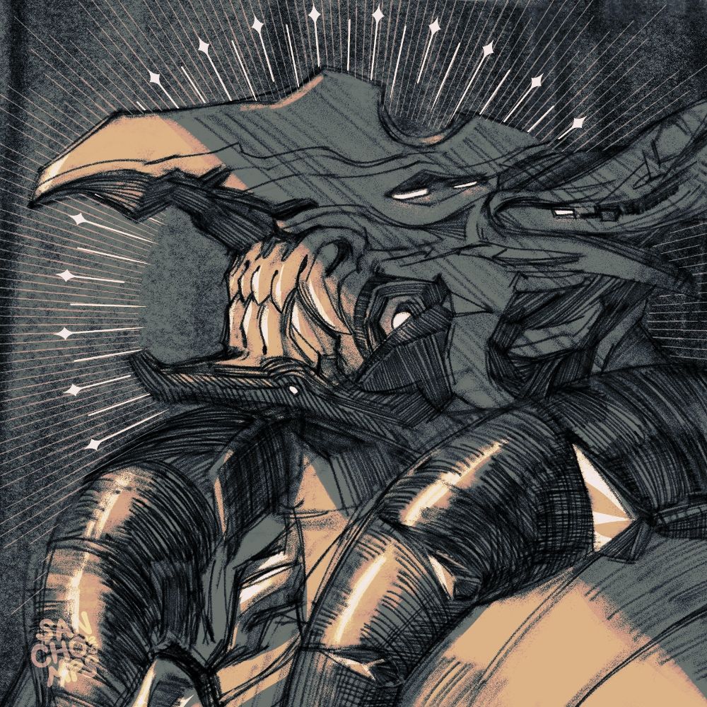 Digital sketch of Sevagoth with the Ezriel helmet from Warframe. He's tilting his chin up.
