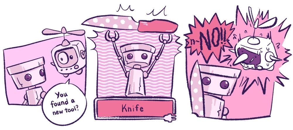Comic of Chibi-Robo. Panel 1: Telly Vision asks Chibi-Robo "You found a new tool?"
Panel 2: Chibi-Robo lifts a small knife with pink and white polkadot pattern blade and a dark pink handle. The bottom text box reads "Knife".
Panel 3: Chibi is holding the knife with the blade pointing up. Telly is panicking and shrieks "n-NO!!"