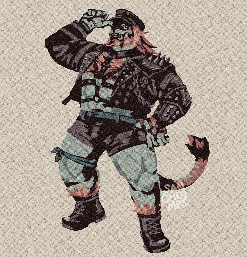 Digital sketch of a Hrothgar with muted blue and orange fur from Final Fantasty XIV. He's wearing leather gear consisting of a vito, a leather jacket with silver spikes and studs, chest harnesses, shorts with a blue belt and lace up boots. He has a blue piece of cloth tied around his right thigh. He's tilting up his hat with his right thumb and his other thumb hooks inside a loop of his shorts. His face is partially obscured by shadow and one purple eye is seen. He has a big grin revealing his sharp teeth.