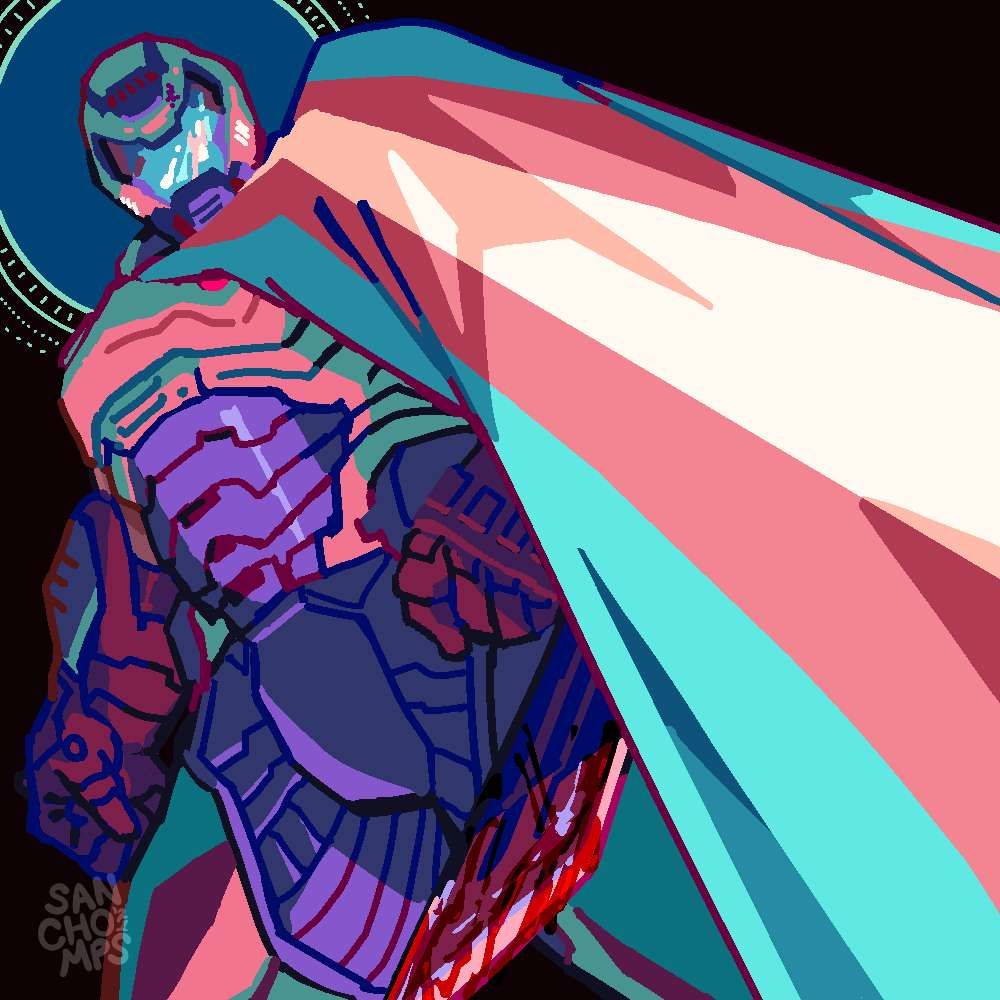 Digital illustration of Doom Slayer from DOOM: Eternal wearing a cape depicting the trans flag. Underneath the cape is his blade with blood splattered and dripping down the tip. A blue halo with light cyan accents is behind his head.