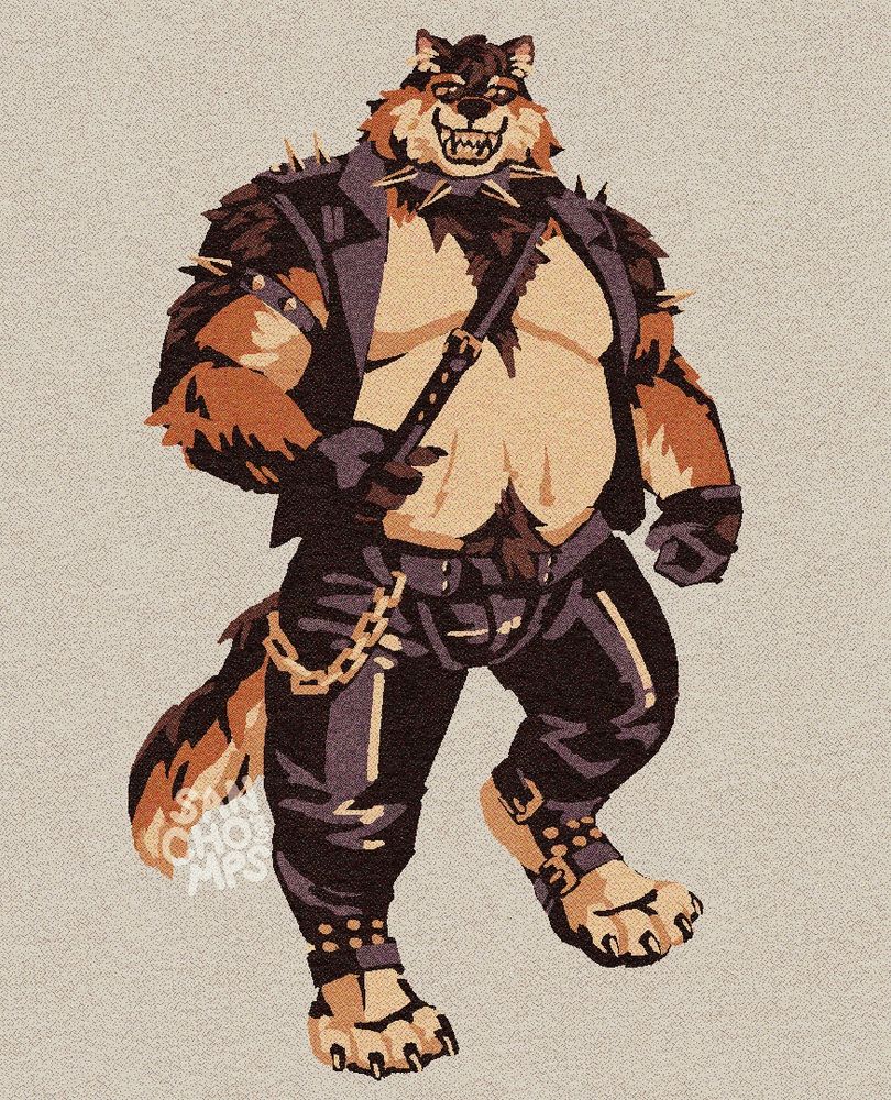 Digital sketch of a wolf fursona with orange, dark brown and cream fur coat. He's wearing black tinted sunglasses and leather gear consisting of a vest with shoulder spikes, arm bands, gloves, a crossbody strap, chaps with jockstrap and harnesses around the legs to fit digitigrade legs. A metal chain is hooked in the chap's belt loop. His right hand clutches on the crossbody harness. He has a big, toothy grin.