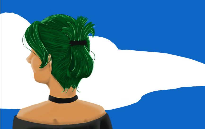 Midoriya Inko from behind from the shoulders up, on a blue and white background.