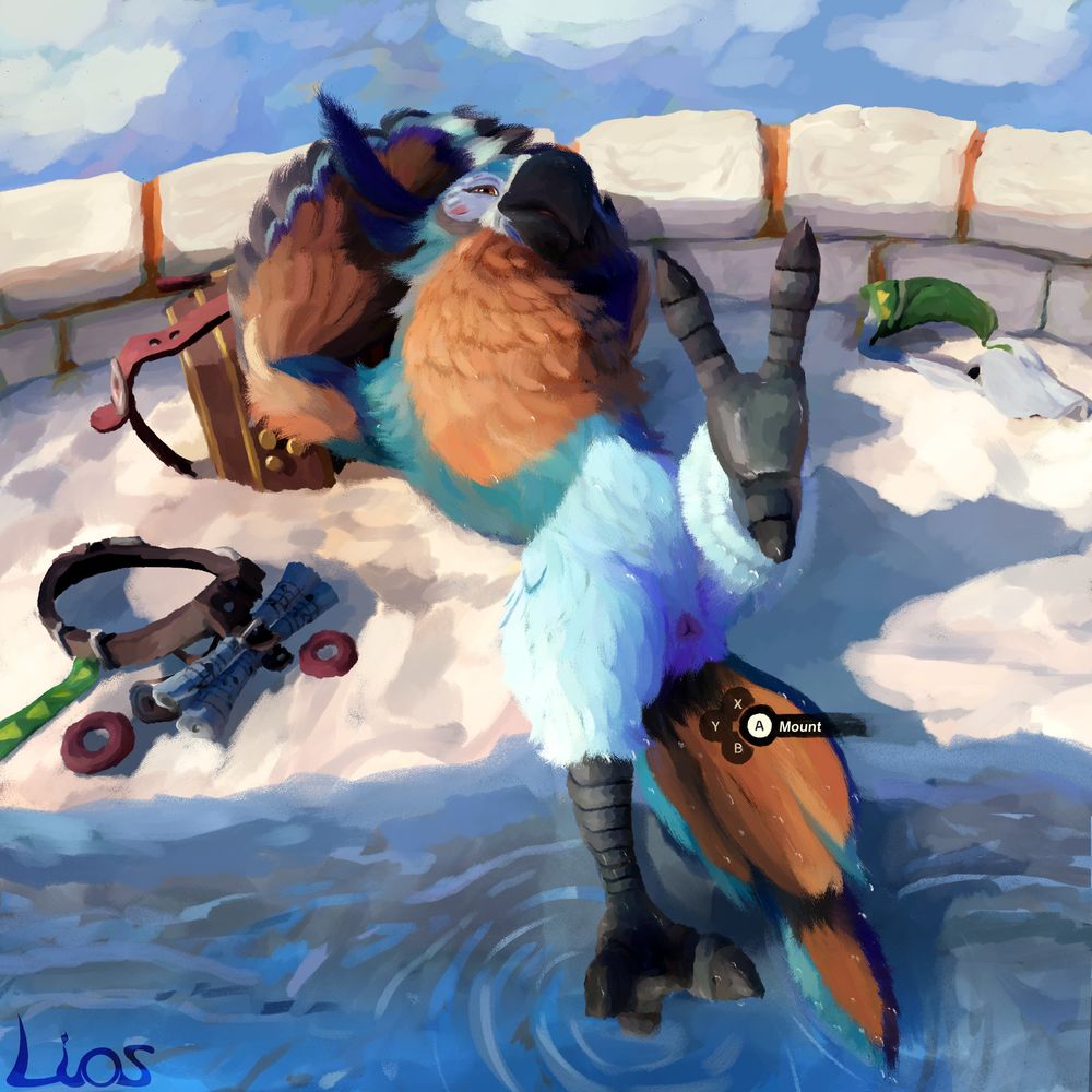 Kass lounging naked on a sky island, wet from a bath. the game UI prompt to "Mount" it is visible.