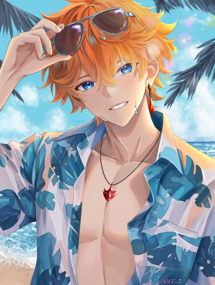 Anime-style illustration of Childe (Tartaglia) from Genshin Impact at the beach, smiling and lifting sunglasses with one hand. He has tousled orange hair, bright blue eyes, and wears a blue-and-white tropical shirt open to reveal his chest, along with a red flame-shaped pendant and matching earring. Palm fronds frame the scene with the ocean and blue sky in the background.

