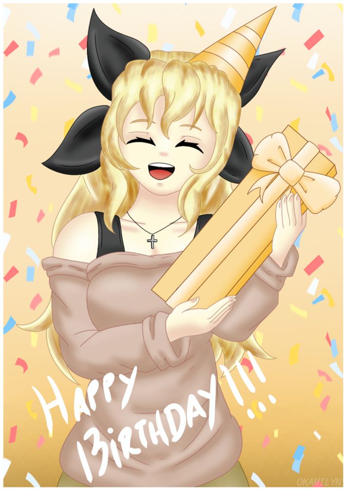 An artwork of Lilly from Katawa Shoujo smiling while receiving a gift