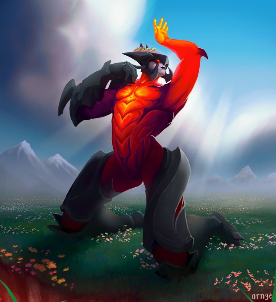 A detailed painting of Aatrox posing on a flowery field on a bright partly-cloudy day.