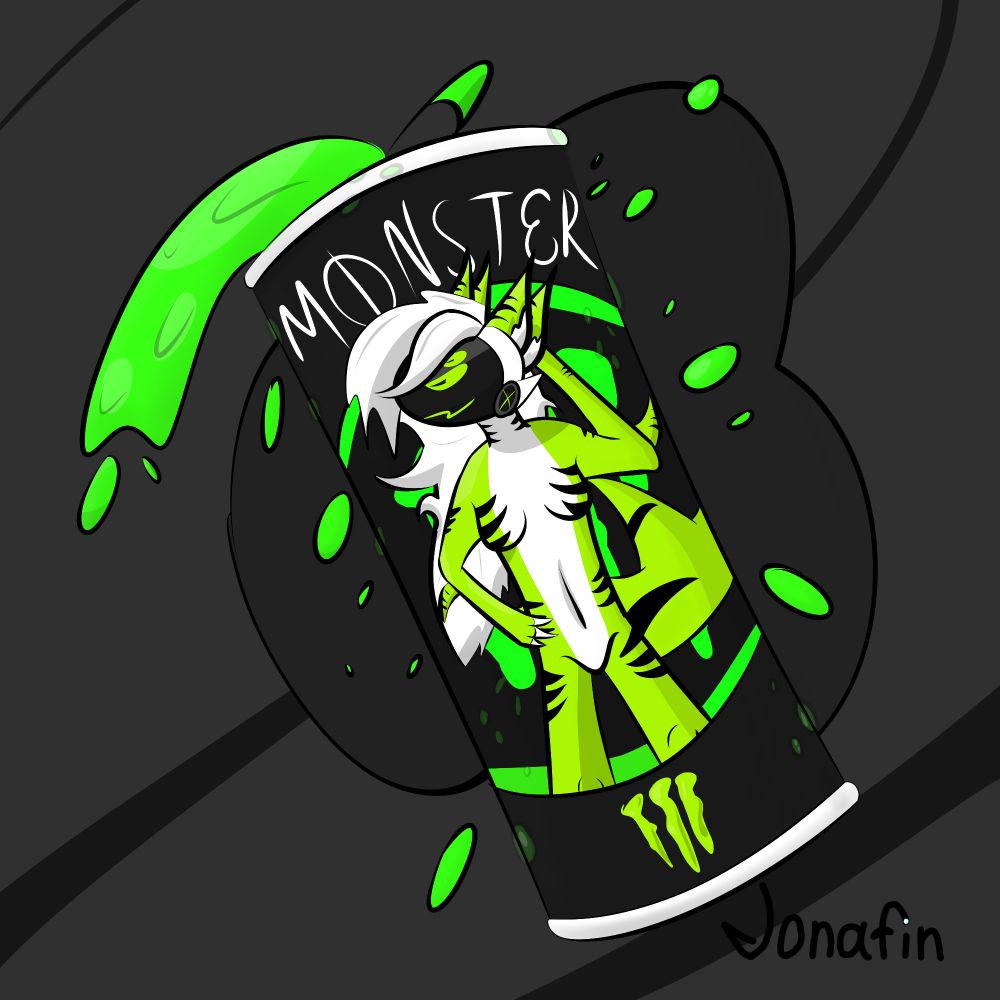 The image features a simple background, and a stylized can of Monster energy drink with a custom design. The can is tilted, spilling a vibrant green liquid. The character on the can is Nyron - a shark protogen.